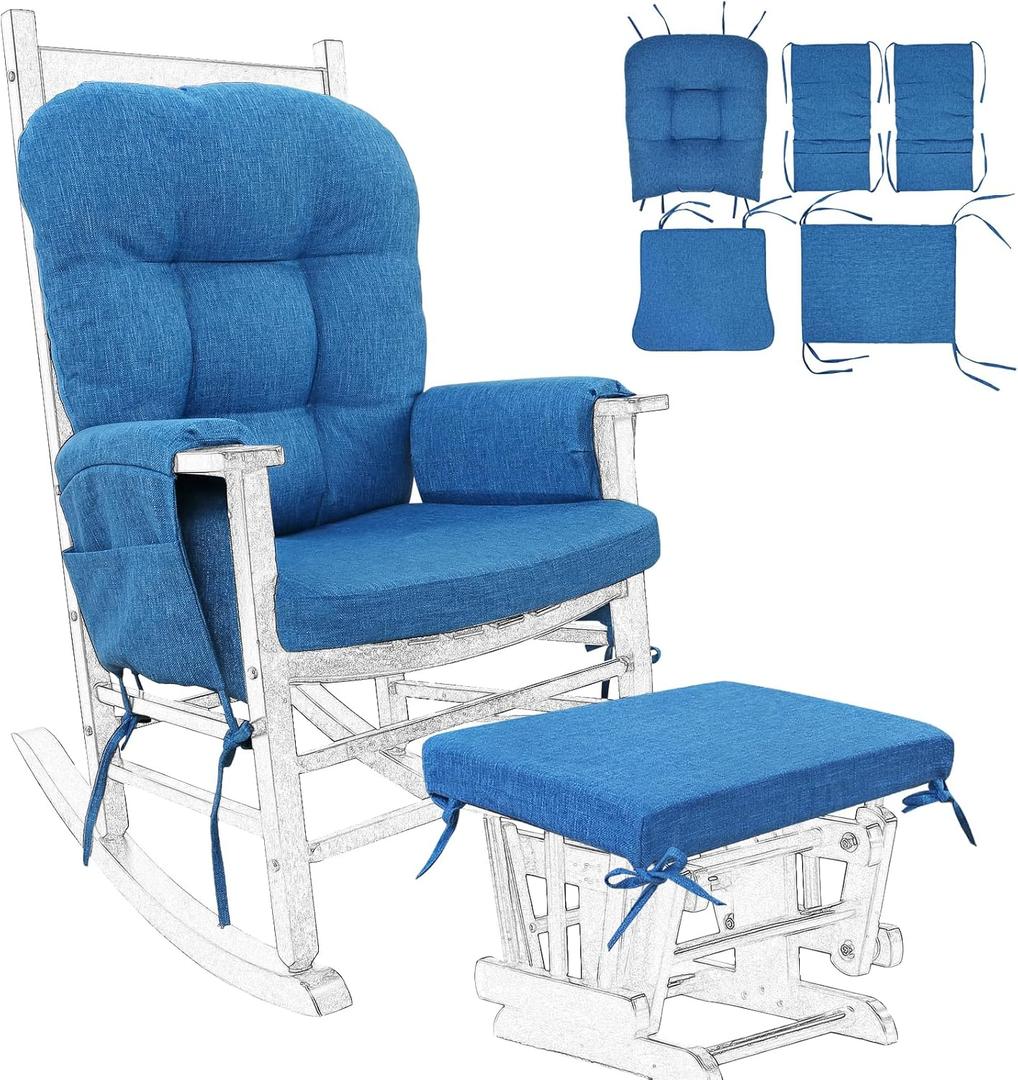 BUYUE Glider Rocker Replacement Cushion 5 PCS with Ties, Linen High-Density Foam Non-Slip & Washable Rocking Chair Pads for Sitting, Blue