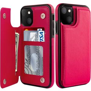 LETO for iPhone 13 Mini Case,Luxury Flip Folio Leather Wallet Cover with Card Slots and Kickstand for Girls Women,Protective Shell 5.4" Hot Pink