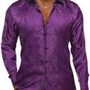Hi-Tie Silk Mens Paisley Dress Shirts Casual Long Sleeve Button Down Regular Fit Shirts Formal Wedding Party Business, Purple,XXL