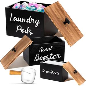 Dandat 3 Pcs Wood Laundry Pods Container Dryer Sheet Holder Dryer Sheets Holder Scent Booster Container Set with Scoop Rustic Laundry Room Beads Dispenser for Storage(Black)