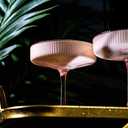 Vintage Art Deco Blush Pink Coupe Glasses with Gold Rims | Set of 4 | 7 oz Crystal Ribbed Cocktail Glassware for Drinking Champagne, Martini, Cosmopolitan | Girly Speakeasy Saucers