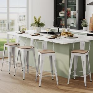 Andeworld Bar Stools Set of 4 Counter Height Stools Industrial Metal Barstools with Wooden Seats(24 Inch, Distressed White)