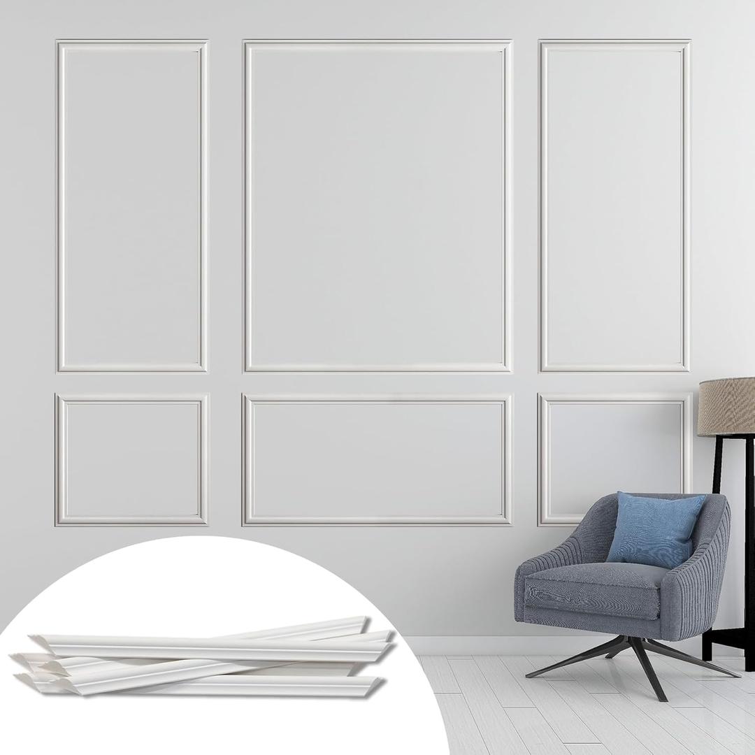 Pre-Cut Accent Wall Molding Trim Kit, 6 Frames Premade Wainscoting Panels for Interior Decoration, Ready to Assemble Chair Rail Moulding (White)