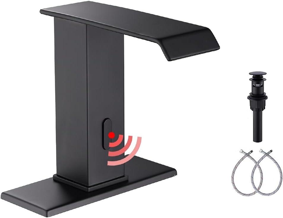YBlucklly Automatic Sensor Touchless Waterfall Bathroom Sink Faucet with Control Box and Temperature Mixer DC Powered Sensor Hands Free Bathroom Tap Matte Black Vanity Faucets with Cover Plate Drain