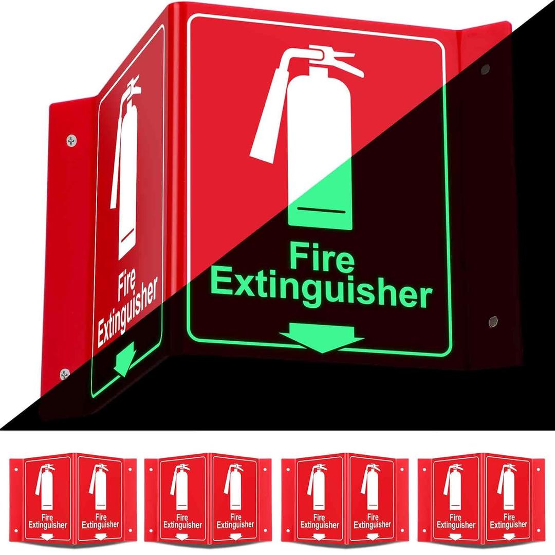 Menkxi 4 Pcs Fire Extinguisher Projecting Sign Glow in The Dark 2 Sided V Shaped Acrylic Fire Extinguisher Sign with Down Arrow, 6 x 5 for Business Shopping Mall Office Restaurant Home Supplies