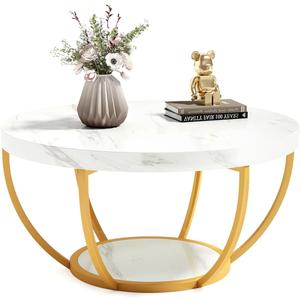 LITTLE TREE Round Coffee Table, 32" Circle Faux Marble Coffee Tables for Living Room, 2-Tier Golden Metal Legs Accent Center Table with Open Storage Modern Design Home Furniture (White and Gold)
