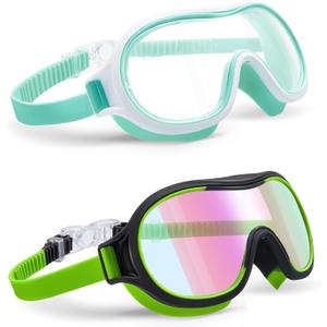 Aegend 2 Pack Swim goggles for Kids 3-15, Anti-Fog Anti-UV Wide Vision Waterproof, No leak Swimming goggles for Boys Girls (Black-green & Light Green)