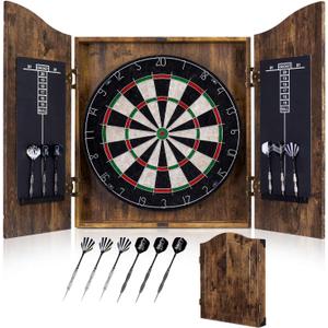 Sisal Dart Board Cabinet Sets, Decorative Dart Boards for Adults [6*Steel Darts] - Wooden Dartboard Cabinet with Integrated Scoreboard for Family Game Rooms