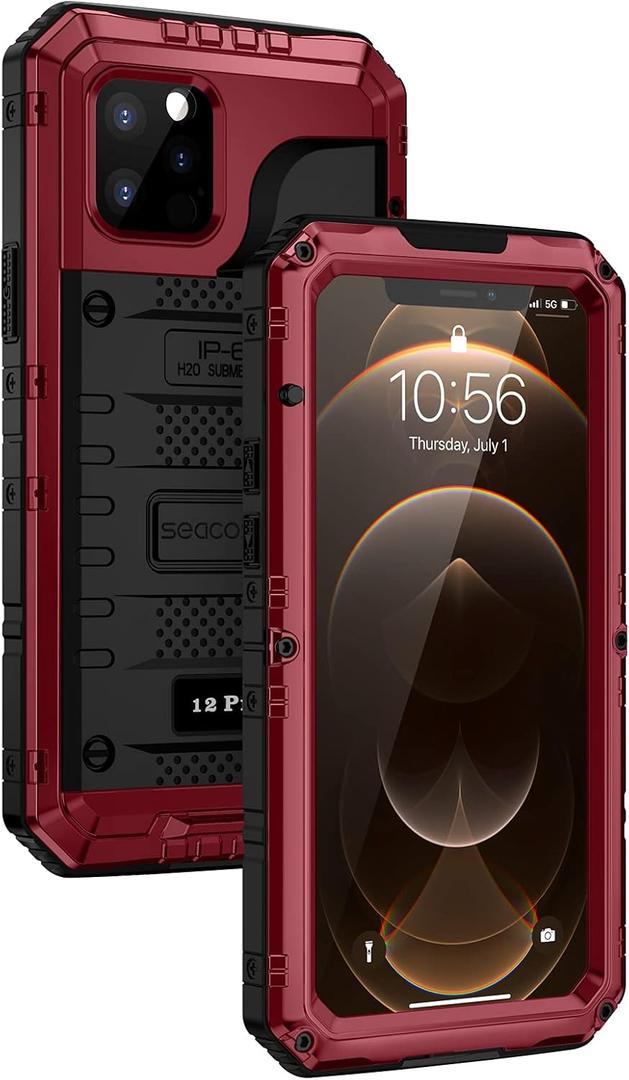 2 x seacosmo Case for iPhone 12 Pro, IP68 Waterproof Shockproof Dustproof Case with Built-in Screen Protector Full Body Protective Heavy Duty Metal Cover for iPhone 12 Pro 6.1", Red