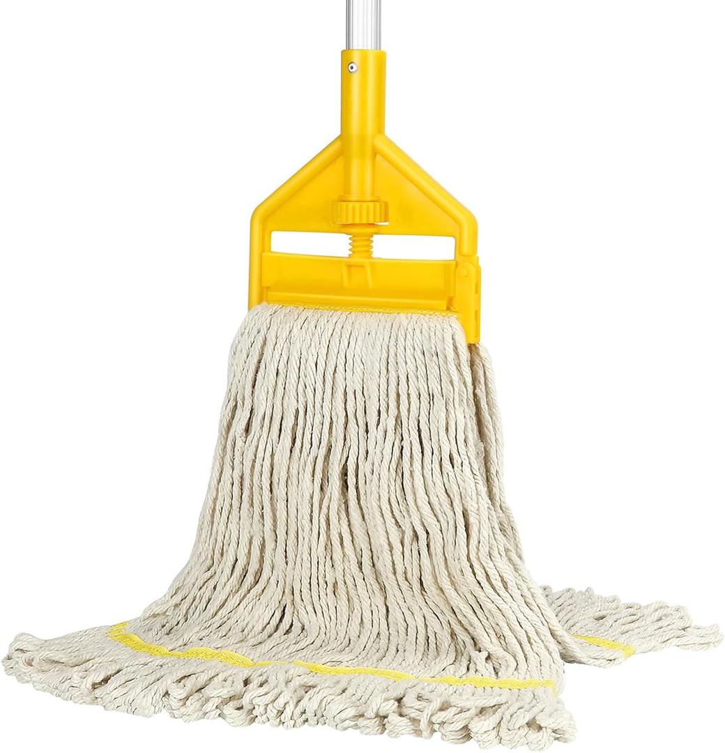 Commercial Mop Heavy Duty Industrial Cotton Mop with Long Handle, Looped-End String Wet Mops for Home, Garage, Office, Workshop, Warehouse Floor Cleaning (Yellow)