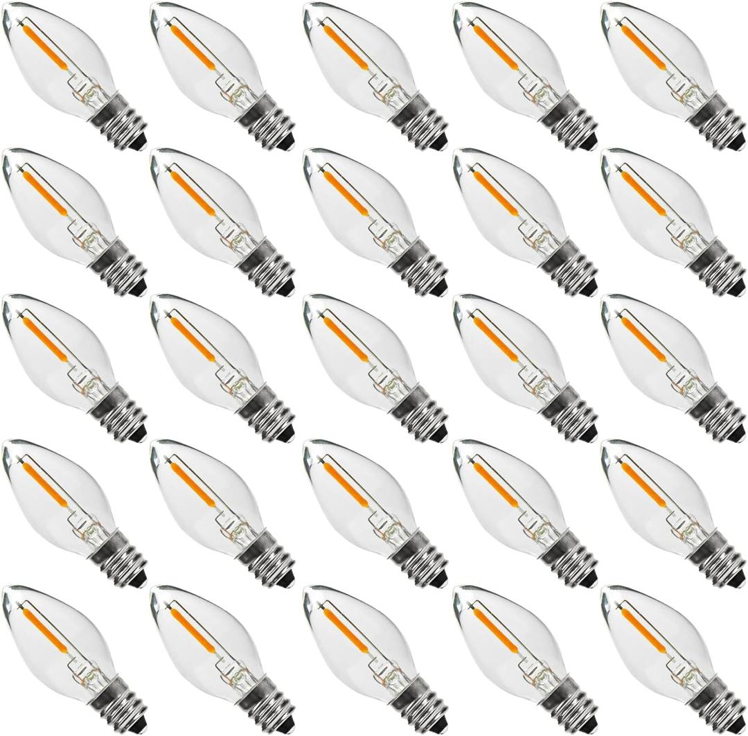 25PACK LED Night Light Bulbs, C7 Candelabra LED Light Bulbs, E12 Chandelier Base, 0.6W Equivalent to 7W, Warm White 2200K, 50LM, Shatterproof & Waterproof Clear Plastic