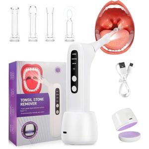 Upgraded Electronic Tonsil Stone Remover, lectronic Oral Care Cleaning Tool Set with 3-Speed Vacuum, 4 Soft Silicone Nozzles & LED Light for Fresh Breath & Comfortable Use (White)