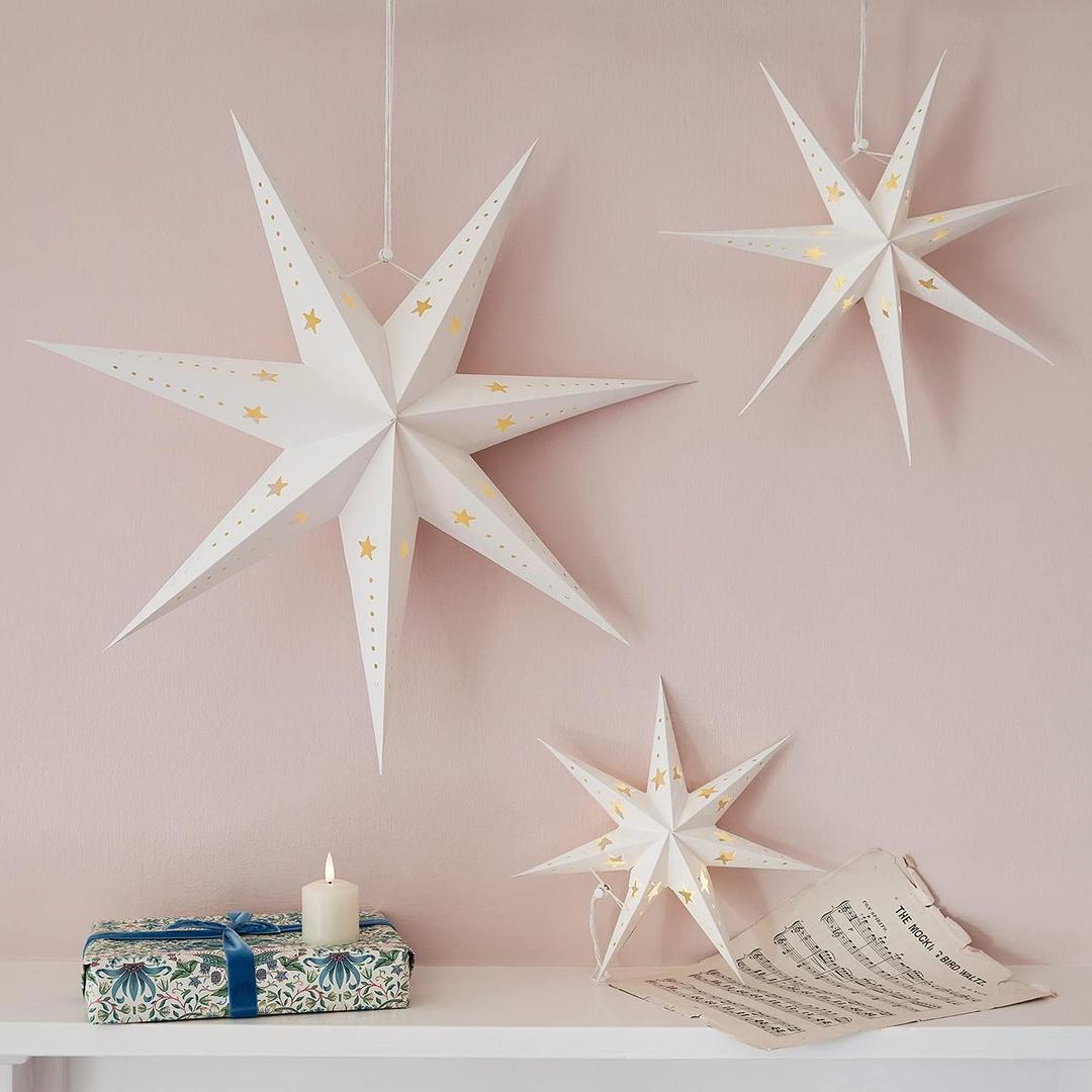 Set of 2 White Paper Star Lanterns Hanging Christmas Decoration 7 Points 60 Warm White LEDs Battery Operated with Timer Indoor Use
