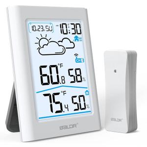 BALDR Indoor Outdoor Thermometer Wireless with Clock, Battery Powered Weather Station Indoor Outdoor, Portable Outside Temperature Monitor for Home Patio (White)