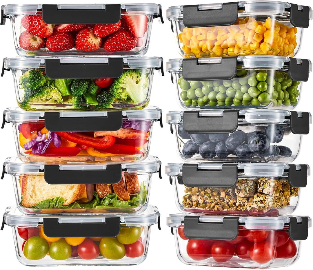 10 Pack Glass Food Storage Containers with Lids, Meal Prep Containers, Airtight Bento Boxes with Leak Proof Locking for Microwave, Oven, Freezer and Dishwasher, BPA Free