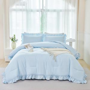 ANGIYUIN 5Pcs Queen Size Comforter Sets Light Blue Ruffle Bedding Sets Vintage Farmhouse Bed Sets Solid Elegance Boho Bed in A Bag for Girls WomenLight Blue Queen