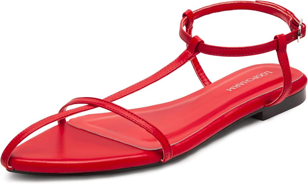 Women's Flat Sandals Pointed Open Toe T-Strap Comfortable Gladiator Summer Slide Strappy Sandals (8, Red Pu)