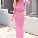 PRETTYGARDEN Women's Spring Fall 2 Piece Sweater Set Rib Knit Long Sleeve Crop Top Maxi Bodycon Skirt Casual Winter Outfits (Medium, Pink)