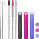 NAIVELY-Reusable Metal Straws 3 Pack Collapsible Stainless Steel Straw,travel straw with case and Cleaning Brush,Retractable Portable Pocket Straws(Gray, Red, Purple orchid, Telescopic brush) (3pack Telescopic brush)