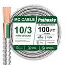 10/3 MC Cable 100 FT, Metal Clad Electrical Wire with Green Insulated Ground, 10 AWG Solid Pure Copper Conductors, Aluminum Armor Real THHN/THWN, 600V 90°C Indoor/Outdoor Rated UL Listed
