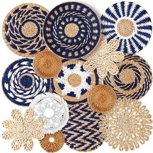 Xuhal 15 Pcs Boho Wall Basket Decor Handcrafted Seagrass Woven Wall Basket Rustic Round Woven Hanging Art for Home Farmhouse Kitchen Table Living Room(Blue Classic Style)