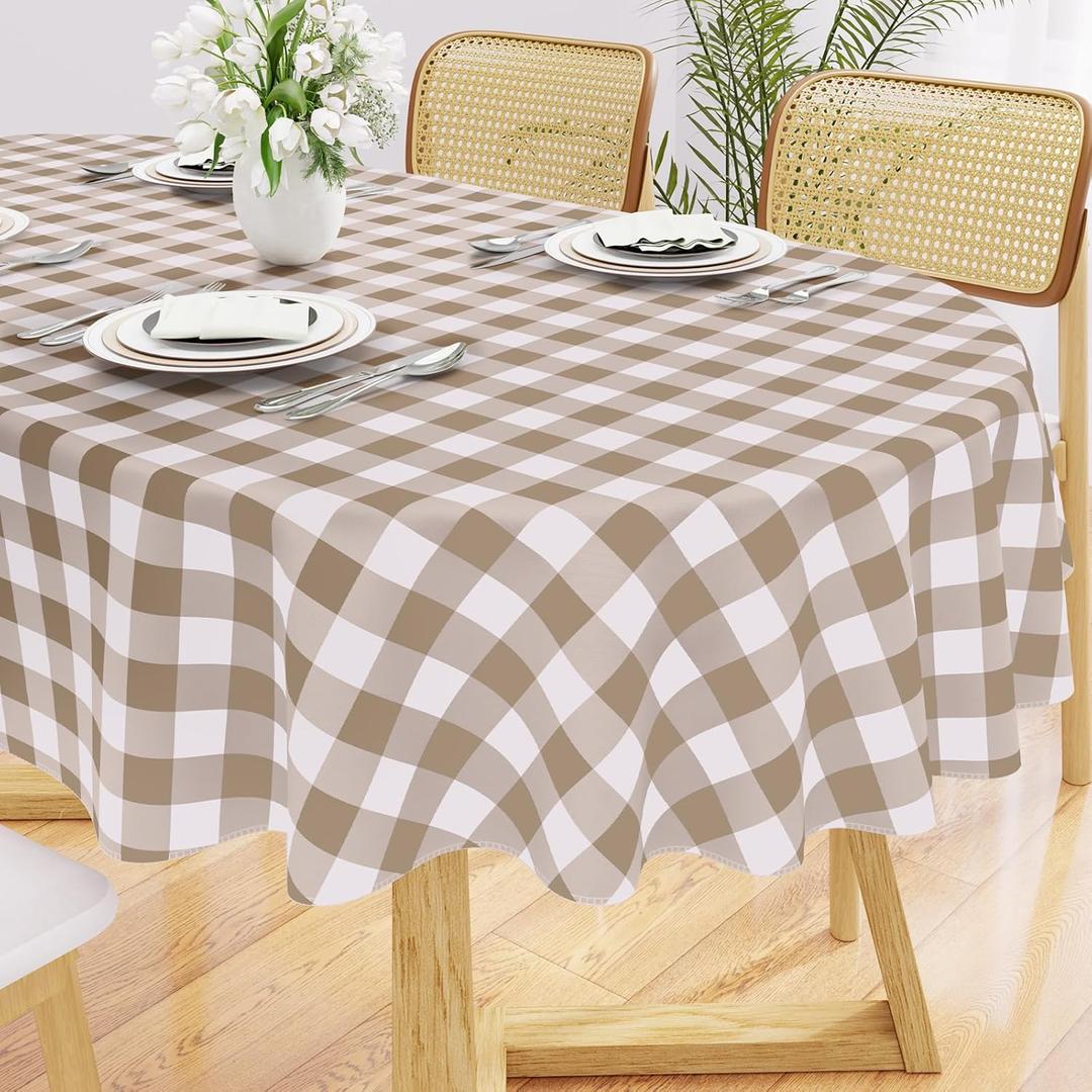 Smiry Oval Table Cloth, Waterproof Vinyl Tablecloths with Flannel Backing, Wipeable Buffalo Plaid Table Cover for Picnic, Indoor and Outdoor (Khaki & White, 60"x84")