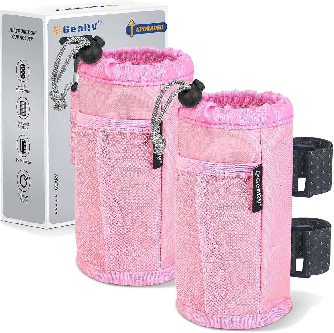 GEARV 2Pack Cup Holder for Bike, Scooter and Wheelchair, Water Bottle Holder for UTV/ATV, Walker, Golf Cart and Beach, Universal Drink Holder Accessories with Net Pocket and Cord Lock (Pink)