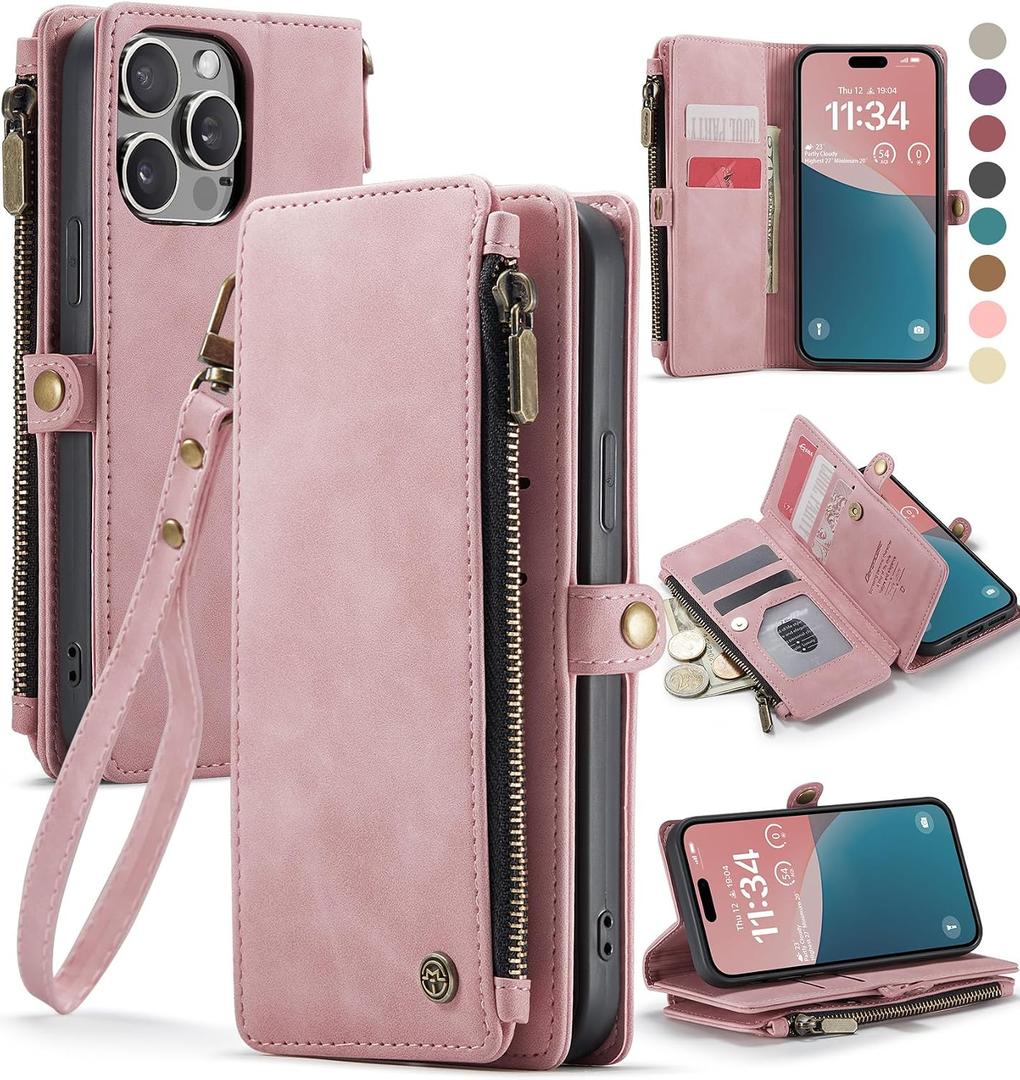 Defencase Compatible with iPhone 14 Pro Case Wallet with RFID Blocking Card Holder for Women Men, PU Leather Magnetic Snap Flip Zipper Strap Wallet Phone Case Fit for iPhone 14 Pro 6.1", Rose Pink
