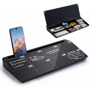 TSJ OFFICE Desktop Whiteboard Dry-Erase-Board - Computer Keyboard Stand White Board Surface Pad with Drawer, Desk Organizers with Accessories for Office, Home, School Supplies (Black Base/Glass-weekly Calendar)