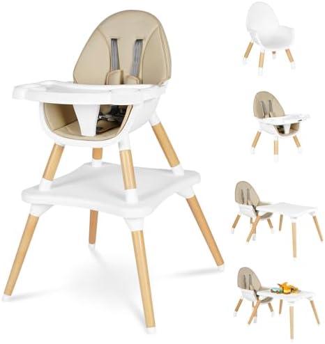 High Chair for Babies & Toddlers, Convertible Wooden 6 in 1 Baby Highchair, Table and Chair Set, Building Block Table, 5-Point Adjustable Seat Belts, 4-Position Removable Tray& PU Seat Cushion (Beige)