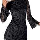 SOLY HUX Women's Floral Sexy Mesh Mini Dress Bell Long Sleeve Bodycon Going Out Dresses (Large, Black)
