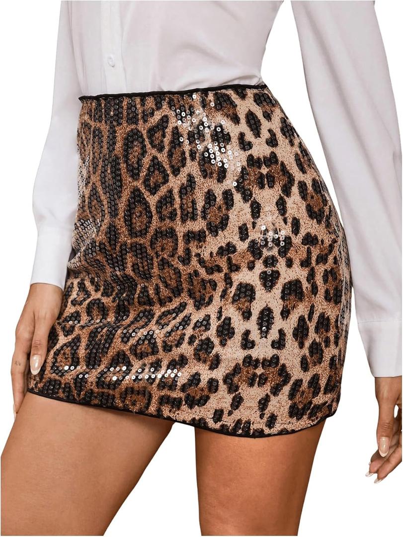 Verdusa Women's Leopard Print Sequin Mini Skirt Rave Party High Waist Bodycon Skirts, (Medium, Brown)