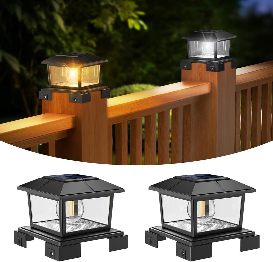 APONUO Solar Post Cap Lights IP65 Waterproof & 2-Color Retro Edison Bulb (3000K/6500K), Adjustable Base Fits 4x4 5x5 6x6 Wood/Vinyl Posts, 10-12H Runtime for Fence Deck Patio (Black, 2 Pack)