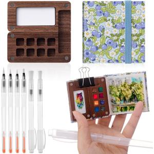 Qilery Mini Portable Watercolor Palette Set Wooden Grid Paint Box Watercolor Paper Sketch Book Brush Pens with Binder Clip for Painters Artist Not Include Paint(Blueberry)