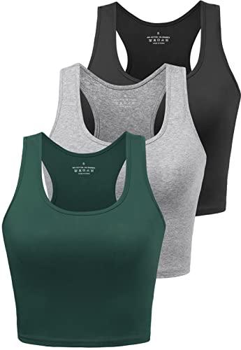 Workout Crop Tops for Women Tank Top Cropped Athletic Shirt Racerback Tanks Sleeveless Undershirt Fitted Summer Tops Gym Exercise Clothes Work Out Running Activewear 2 Pack Black/Grey/Emerald Green M