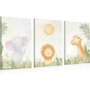KEMINA BLANKETS Safari Nursery Wall Art Set of 3 1216 Inch Neutral Animal Canvas Prints (Elephant, Lion, Giraffe), Printed from Original Hand-Illustrated Artwork, Ready-to-Hang Baby Room Decor