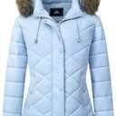 Women's Long Warm Winter Coat Windproof Thickened Fleece Lined Down Jacket Waterproof Puffer Outerwear with Removable Hood, Size S (Light Blue)