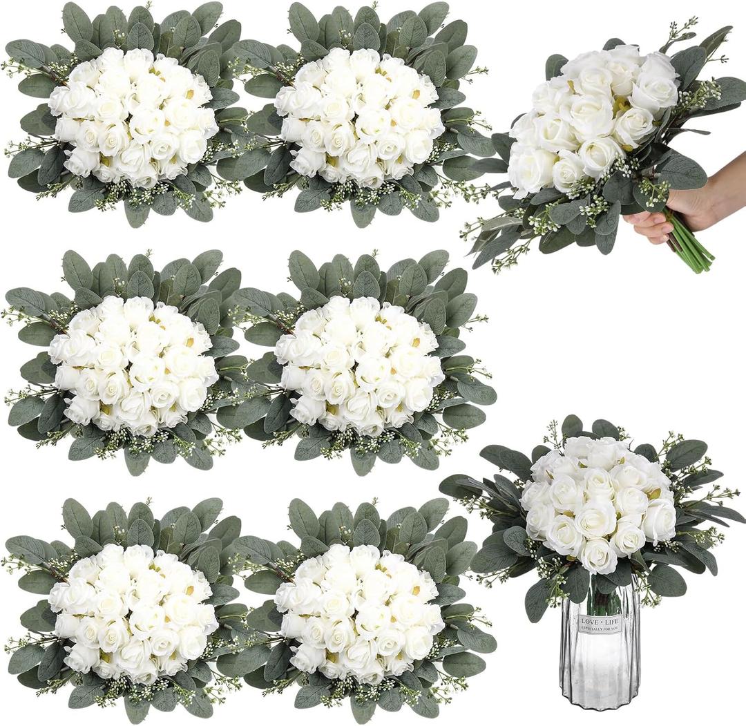 Zeyune 12 Pack Wedding Bridesmaids Bouquets 7 Inch Artificial Rose Bouquets Silk Flowers with Stems Fake Floral Bundles Bulk for Wedding Bridal Shower Party Centerpieces Home Decor(White)