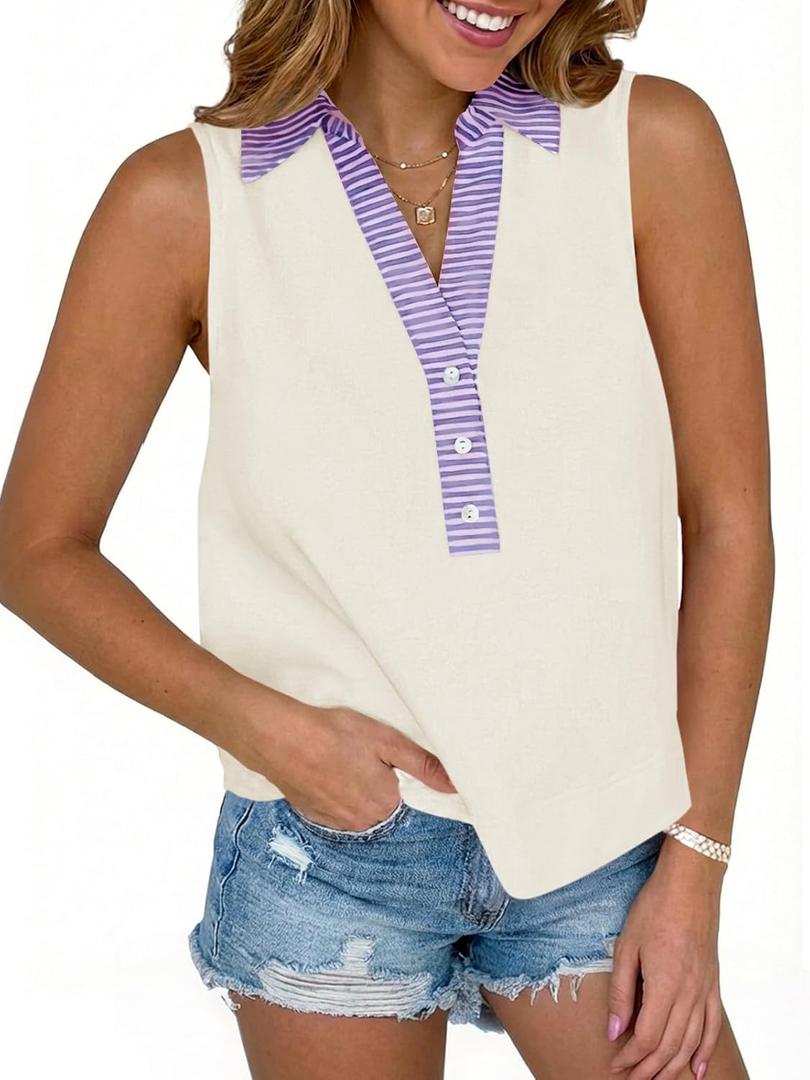 Tankaneo Womens V Neck Cropped Tank Tops Button Up Color Block Tees | Sleeveless Shirts, Loose Fit, Summer Dressy Casual (Beige, M)