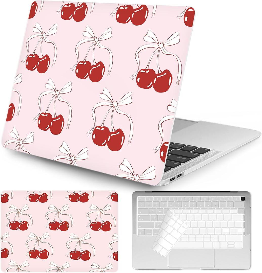 Seorsok Compatible with MacBook Air 13 Inch Case 2022 2021 2020-2018 Release A1932 A2179 M1 A2337 Touch ID,Cute Ribbon Bow Tie & Red Cherry Aesthetic Plastic Hard Case&Transparent Keyboard Cover,Pink