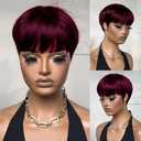 FREEKWEEN Short Pixie Cut Human Hair Wig for black women Burgundy Red Straight Human Hair Non-Lace front Wig with bangs full machine made 99J Colored Glueless Short Haircut Wig