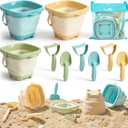 Dreamon Beach Toys, 3 Pack Collapsible Sand Buckets for Kids, Shovels & Rakes Set with Mesh Bag, Kids Beach Essentials Sandcastle Building Kit for Beach Trip Outdoor Play and Summer Fun