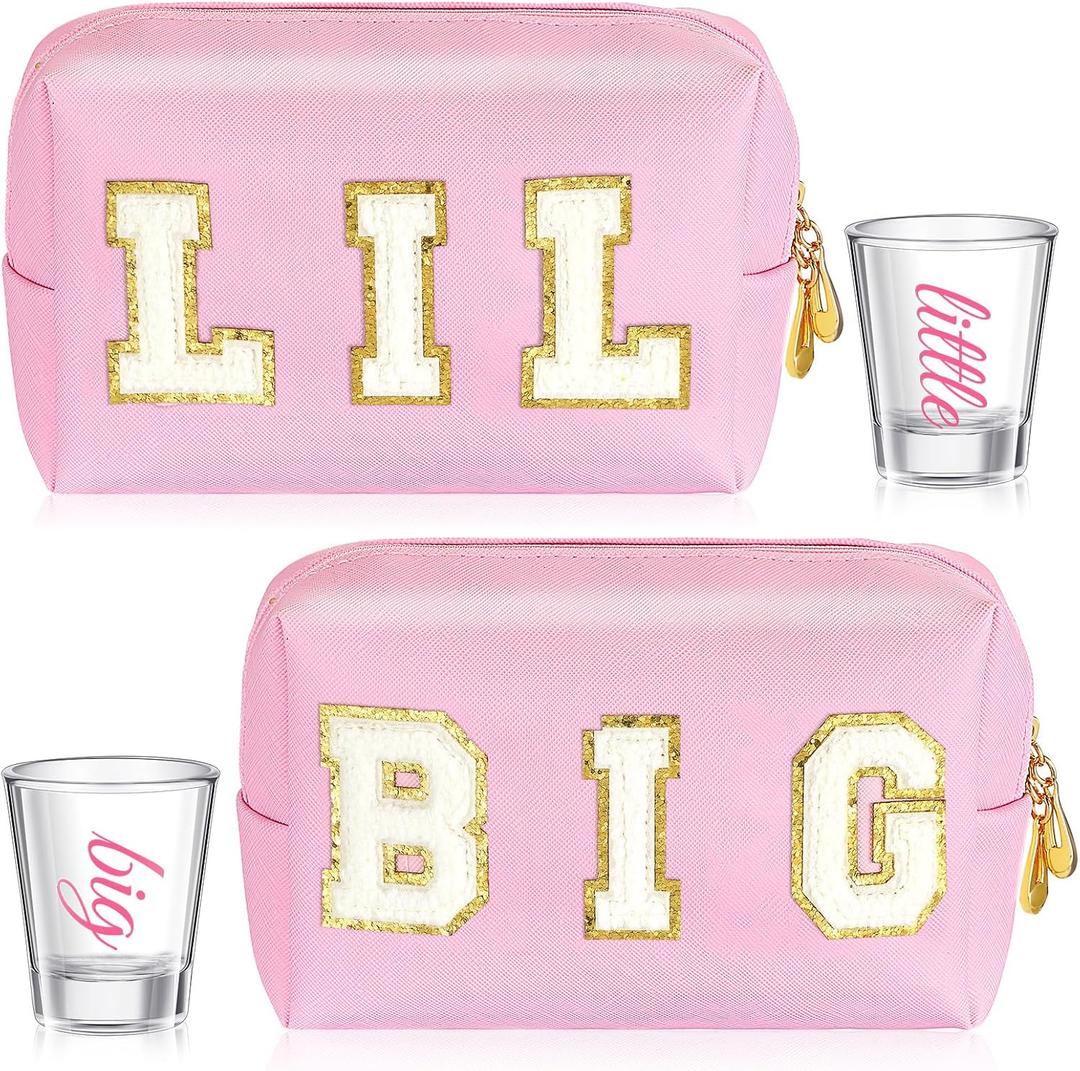 2 Sets Big Little Sorority Gifts Includes Clear Sorority Big Little Shot Glasses PU Leather Preppy Cosmetic Bag 2 oz Tequila Mini Glass Cups Letter Makeup Pouch for Women Big Little Sister