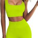 QINSEN Workout Sets for Women 2 Piece Seamless Ribbed Crop Tank High Waist Shorts Yoga Outfits (Medium, Bright Green)