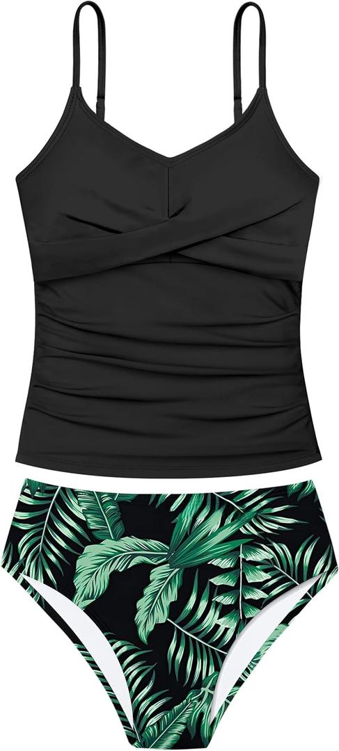 Girls Swimsuit 2 Piece Bathing Suit Criss Cross Ruched Girl Tankini Sets Printed Girls' Swimwear for 15-16 Years