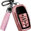 Lucrum Compatible with Toyota Key Fob Cover & Leather Keychain, Keyfob Case for Avalon Camry Corolla Prius RAV4 Highlander (Black & Pink)