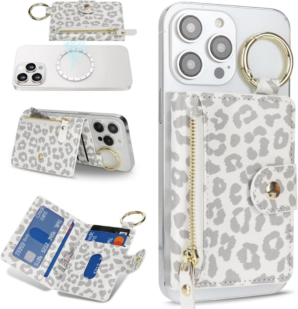 Cavor Compatible with MagSafe Wallet,Magnetic Wallet for iPhone 17/16 Pro Max/15 Pro/14 Plus/13/12 Series,Adjustable Stand,Mag Safe Phone Card Holder Zipper-Leopard White