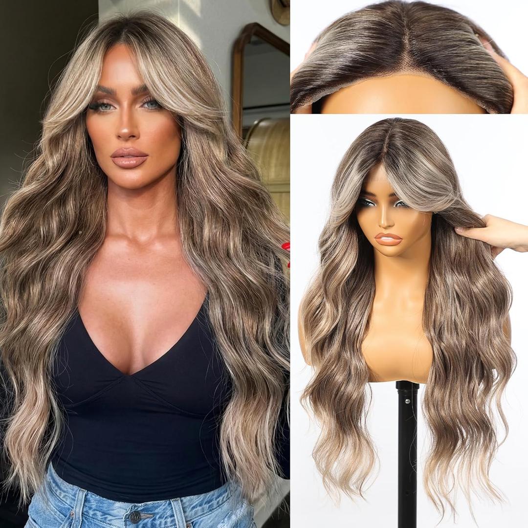 KOME Brown Mixed Synthetic Lace Front Wig,Beginner Friendly Wigs T Part Glueless Long Curly Wavy Wigs With Bangs for Women Cosplay Daily Use 28IN(#TT4/6164)