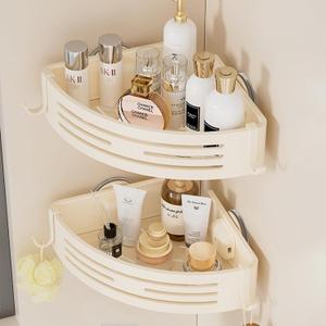 Corner Shower Caddy Suction Cup,Shower Shelves with Hooks,No Drilling Powerful Suction Bathroom Organizers and Storage,Removable Waterproof Rustproof Metal Shower Bathroom Decor (2 Pack-White)