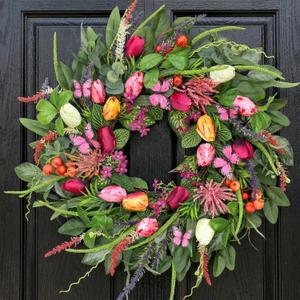 Wreaths for Front Door 24 Inch Artificial Spring Wreath with Tulip,Roses,Eucalyptus Leaf, Berry, Butterflies,Summer Wreath for Home Wall Porch Window Easter Year-Round Indoor/Outdoor Decor